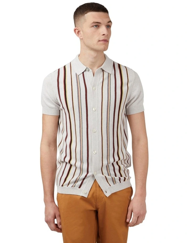 Stripe Button Through Polo Shirt in Ivory