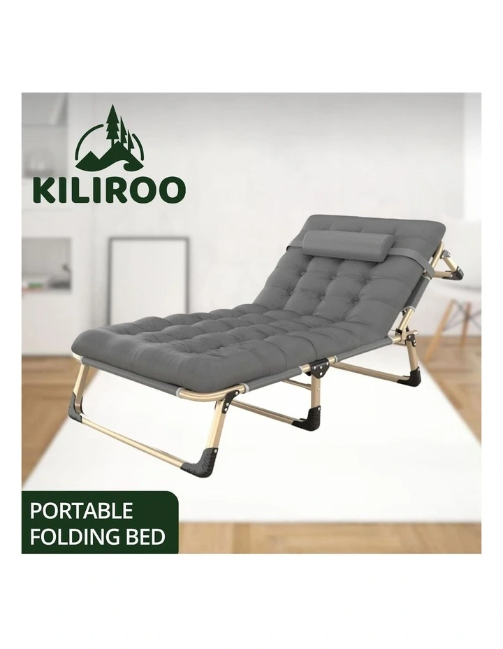 Adjustable Portable Folding Bed with Mattress and Headrest in Grey
