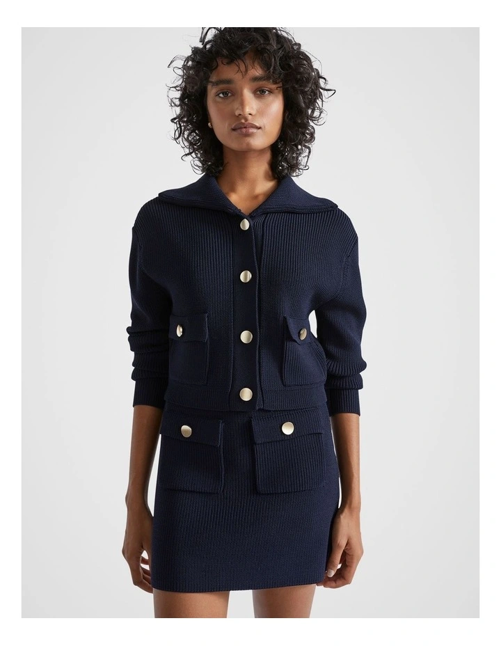 Crepe Button Through Knit Cardigan in Midnight Sky