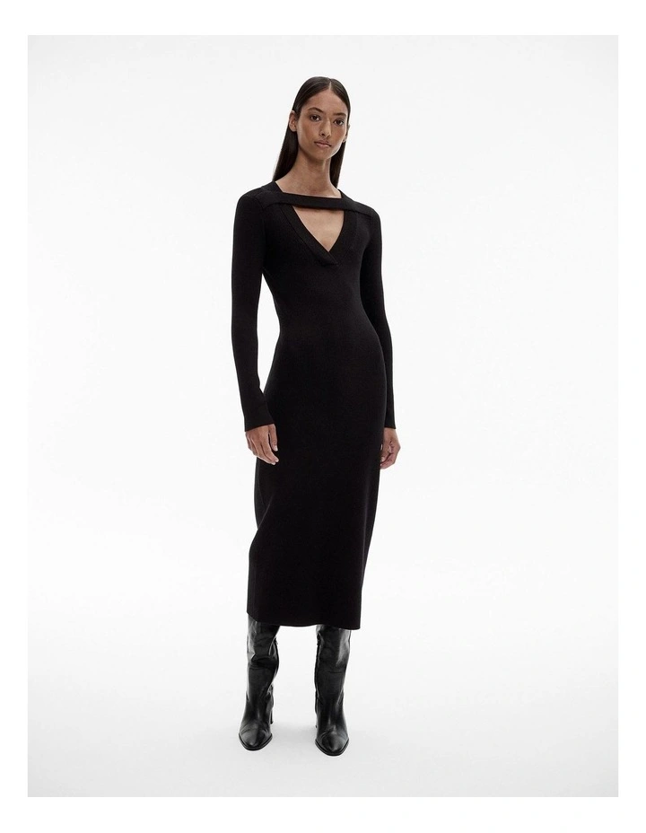 Knit V Neck Cut Out Dress in Black