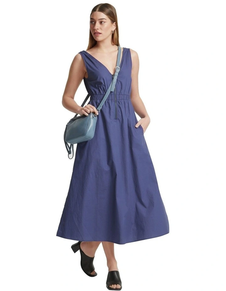Leona Zip Up Cotton Dress in Steel Blue