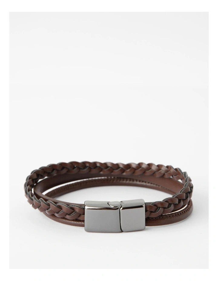Braided Leather Metal Bar Bracelet in Brown