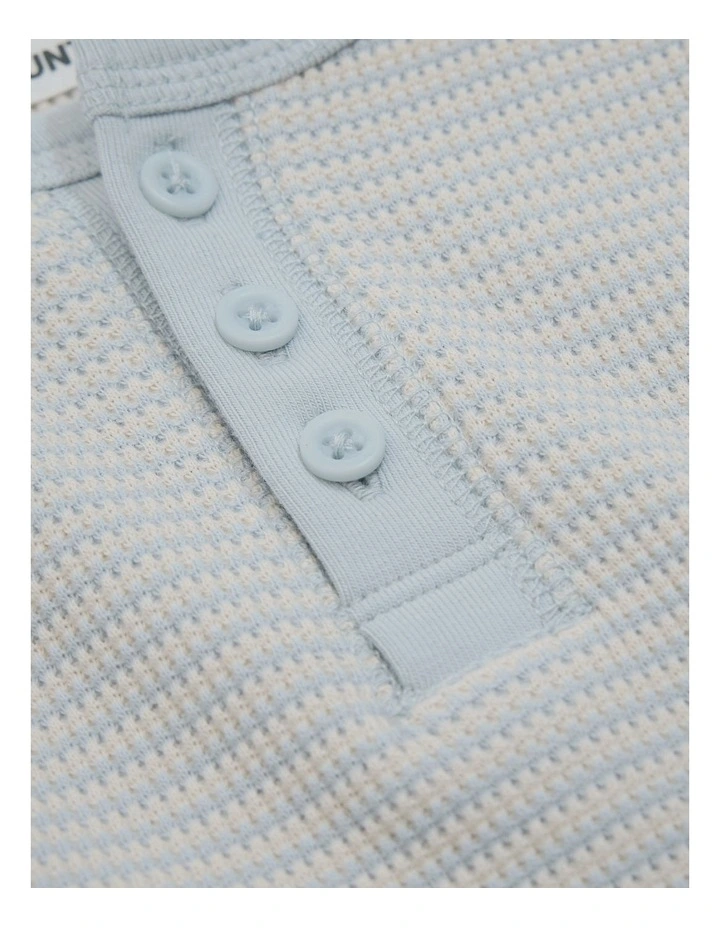 Organically Grown Cotton Stripe Waffle Henley Tee in Washed Blue