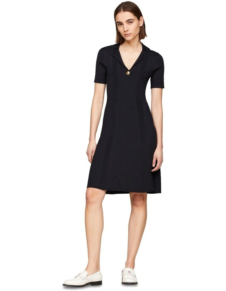 Ribbed Polo Fit And Flare Sweater Dress in Navy