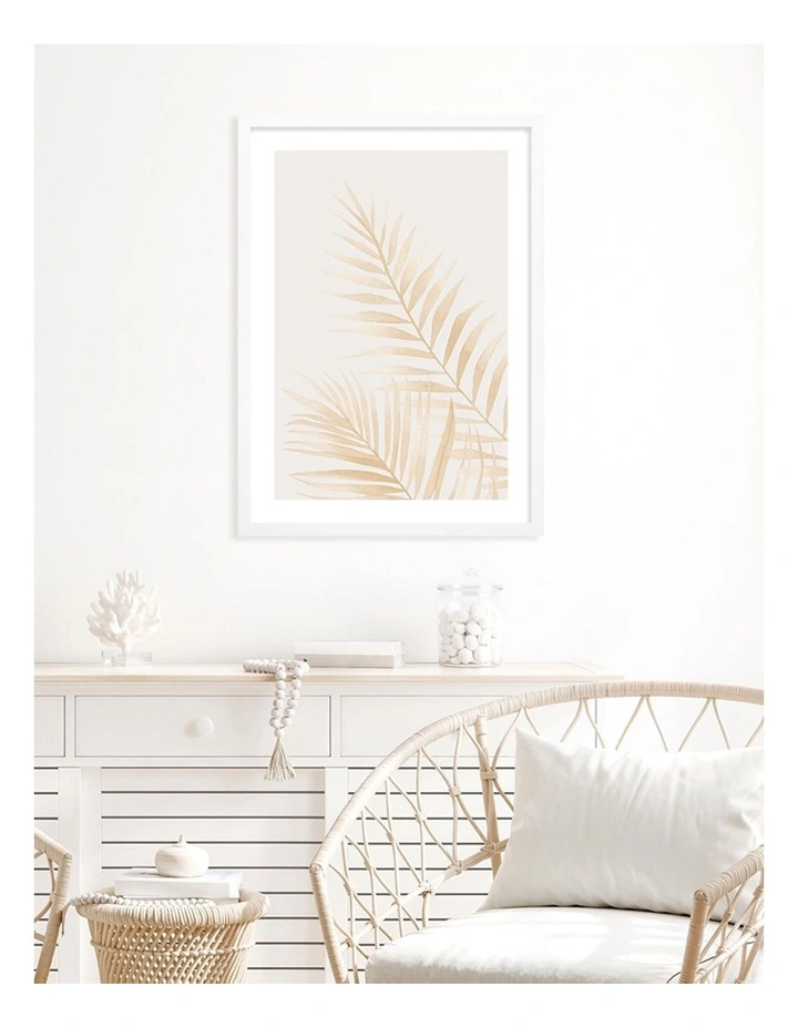Australian Made Watercolour Palm Leaves Beige Art Print A2 in White Frame
