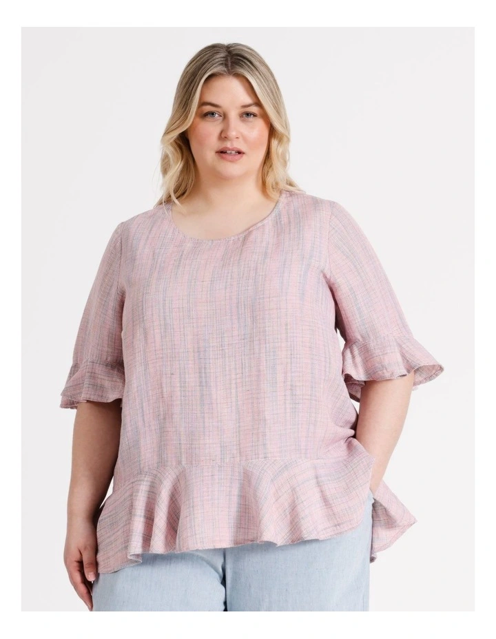 Fluted Hem and Sleeve Top in Pink/Multi Coloured Crossdye