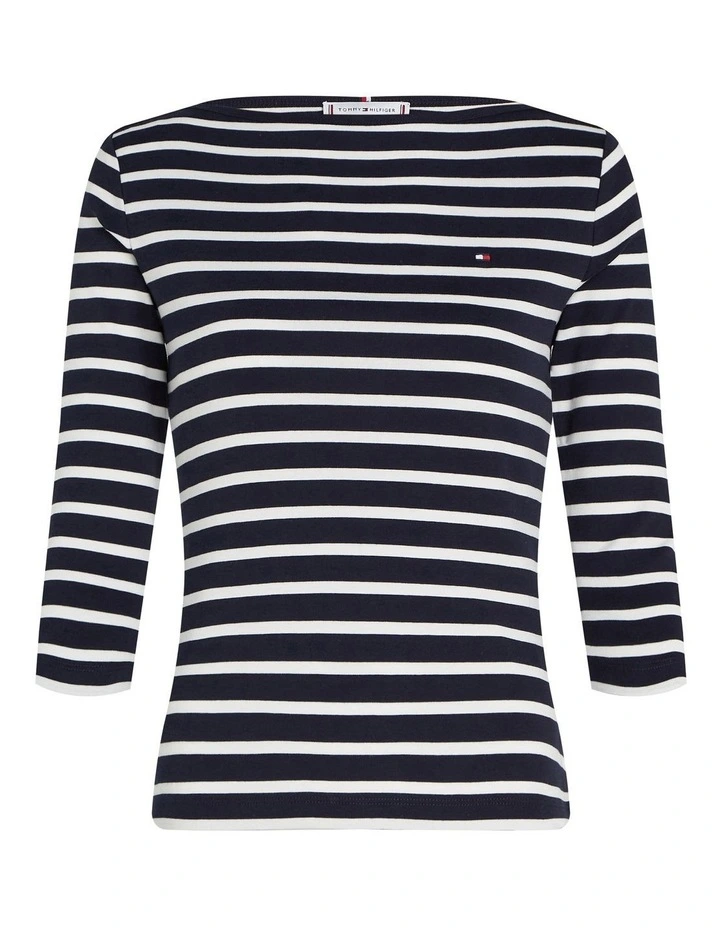 Three-Quarter Sleeve Boat Neck T-shirt in Blue
