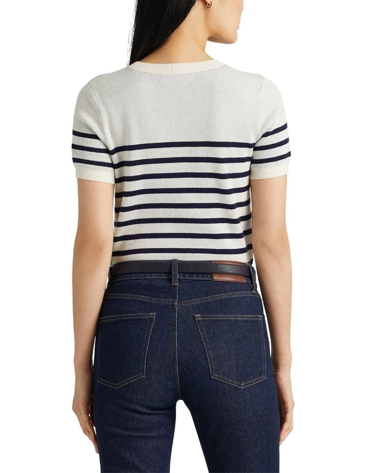 Logo Striped Short-Sleeve Sweater in Natural