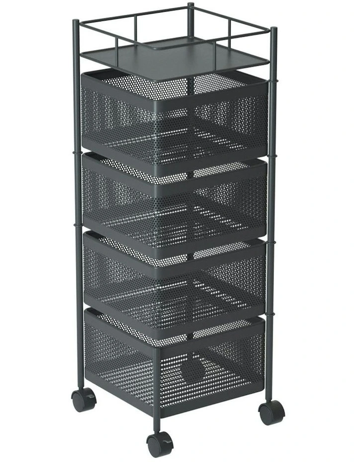 4 Tier Steel Square Rotating Kitchen Storage Organizer with Wheels in Black