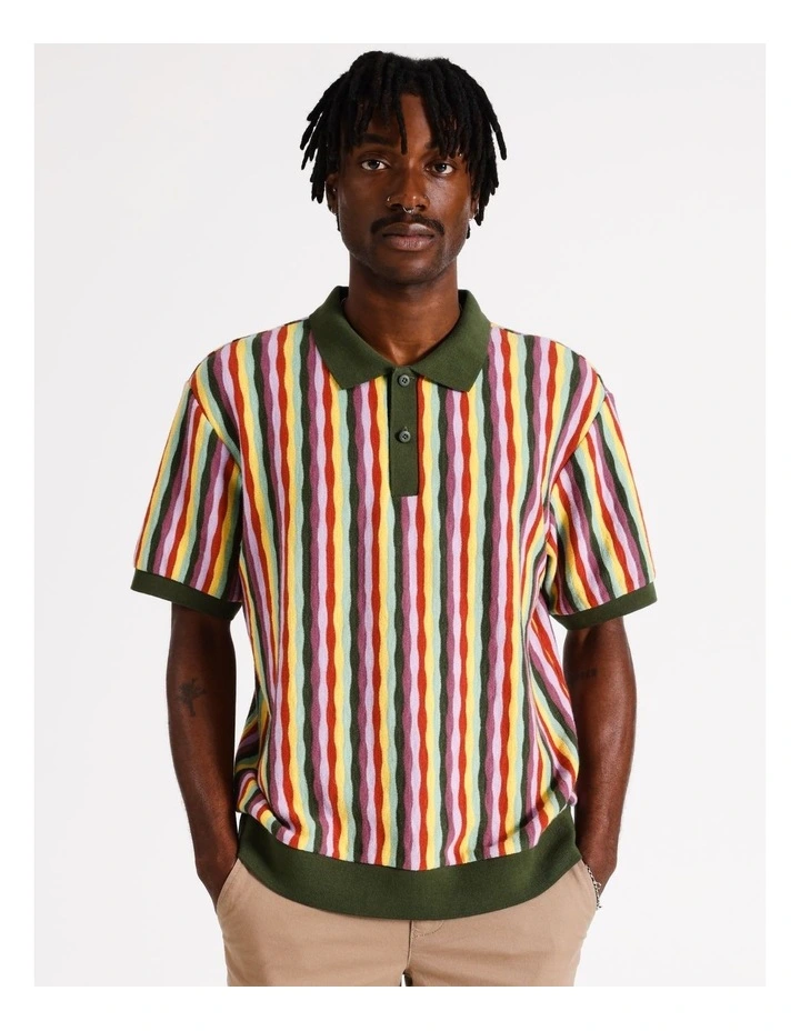 Silas Stripe Knit All Gender Short Sleeve Polo in Green