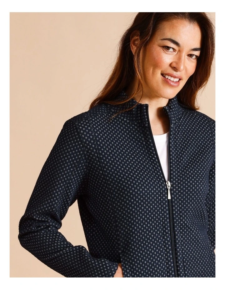 Recycled Polyester Blend Zip Thru Honeycomb Jacquard Sweat Top In Navy