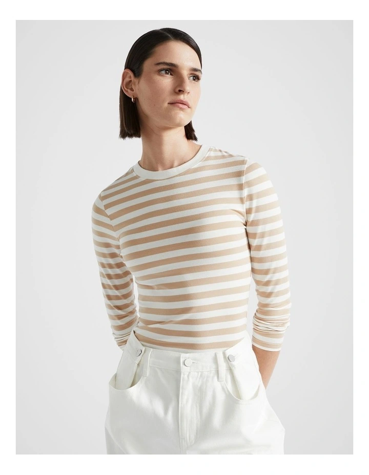 Stripe Long Sleeve Top in Champagne Beige Stripe