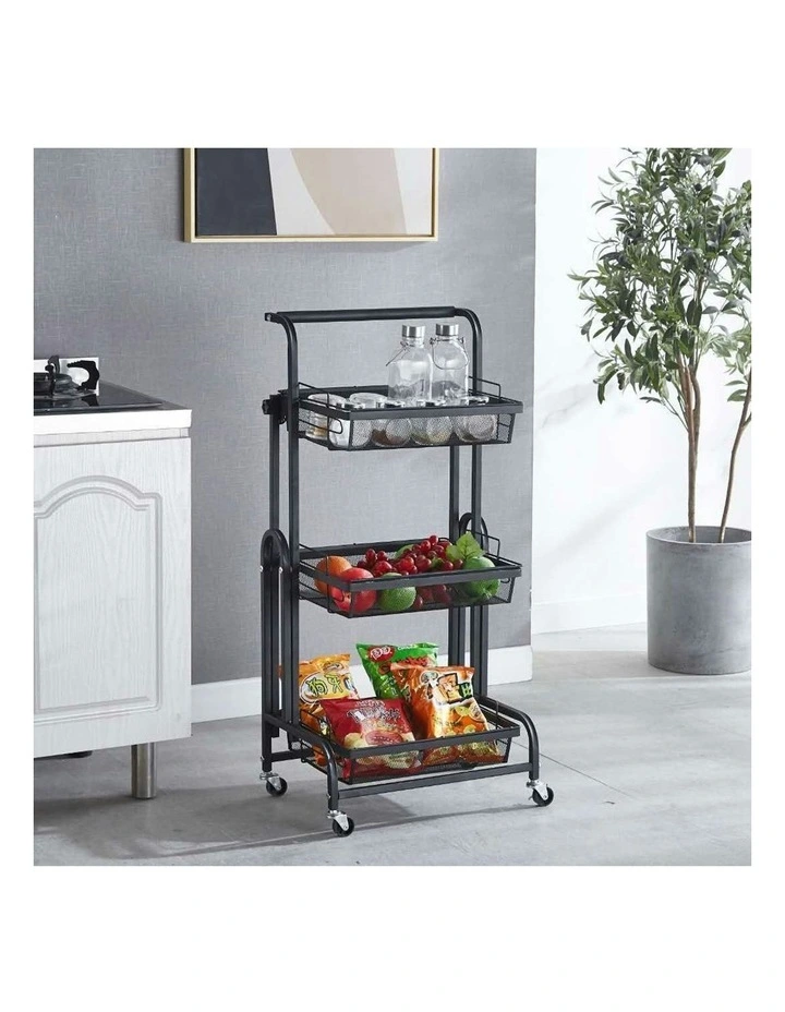 3 Tier Steel Adjustable Kitchen Storage Organizer with Wheels in Black
