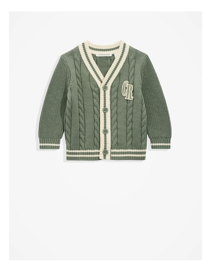 Organically Grown Cotton Varsity Cardigan in Khaki Green