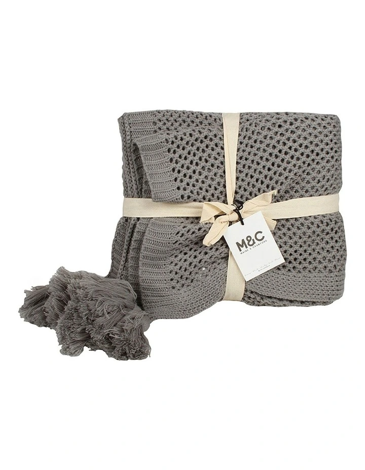 Hania Chunky Knit Throw Blanket With Tassels 152x127cm in Stone