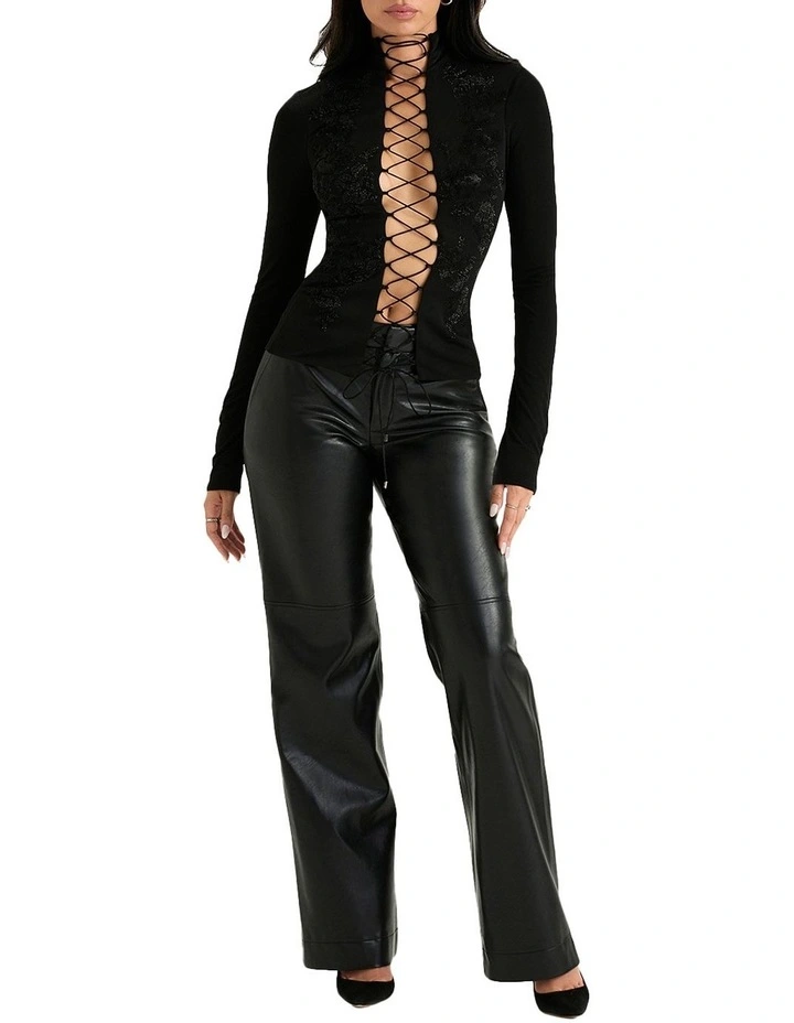 Lori Crystallised Lace Up Top in Black