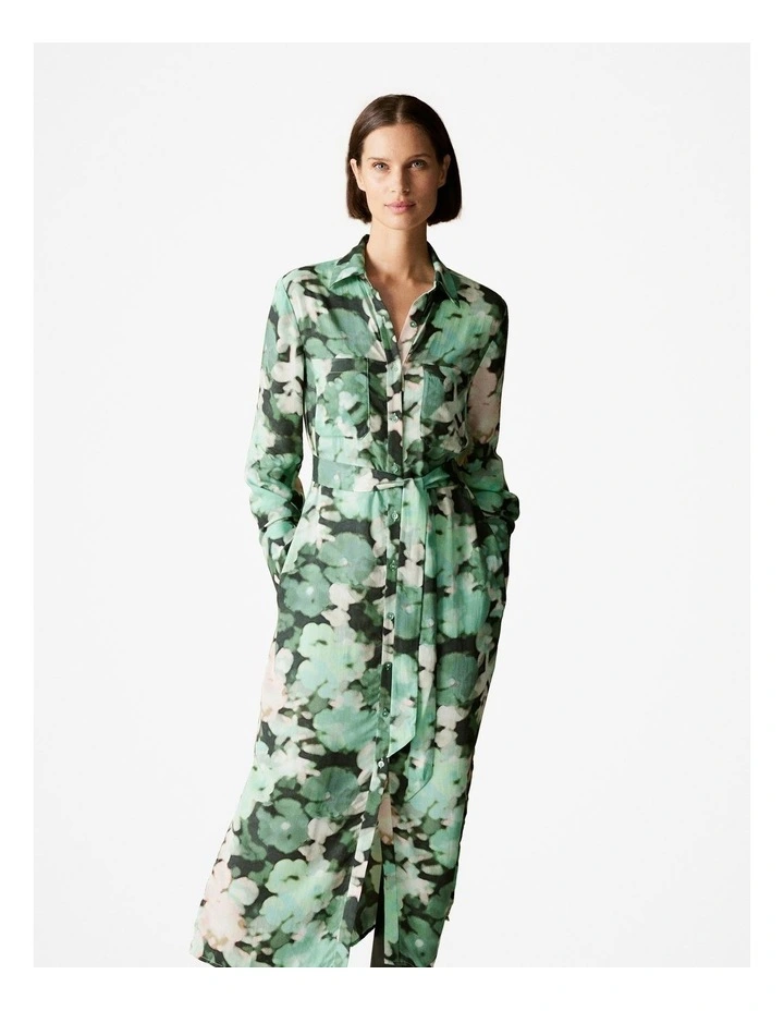 Modal Blurred Floral Shirt Dress in Dark Green
