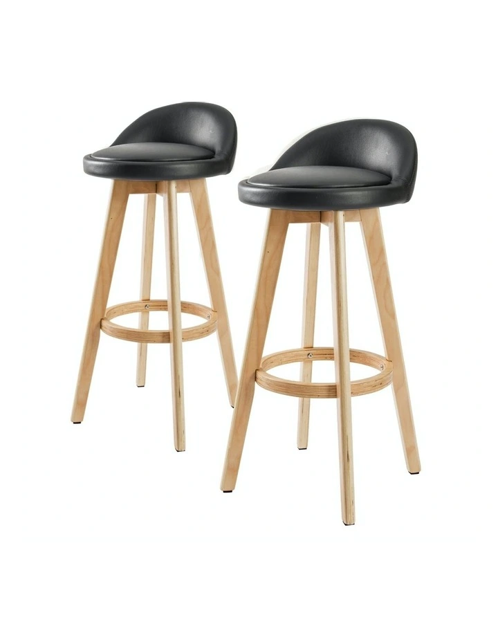 Leila Leather Wooden Bar Stool 2 Set in Black