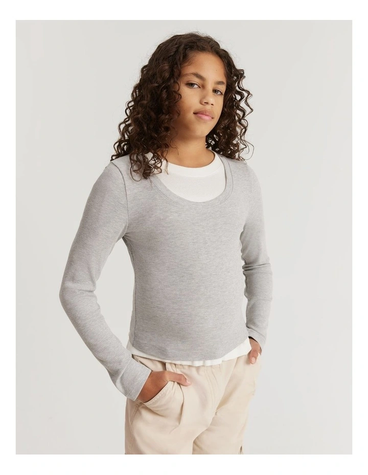 Teen Rib Crop Long Sleeve T-shirt in Light Grey Marle