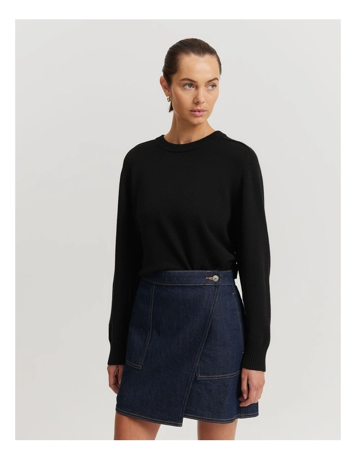 Organically Grown Cotton Blend Crop Crew Neck Knit in Black