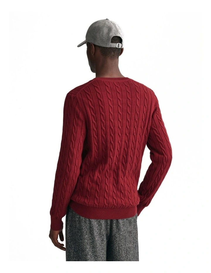 Cotton Cable Knit Crew Neck Sweater in Plumped Red