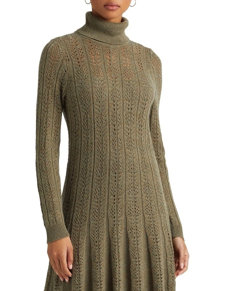 Pointelle Turtleneck Sweater Dress in Green