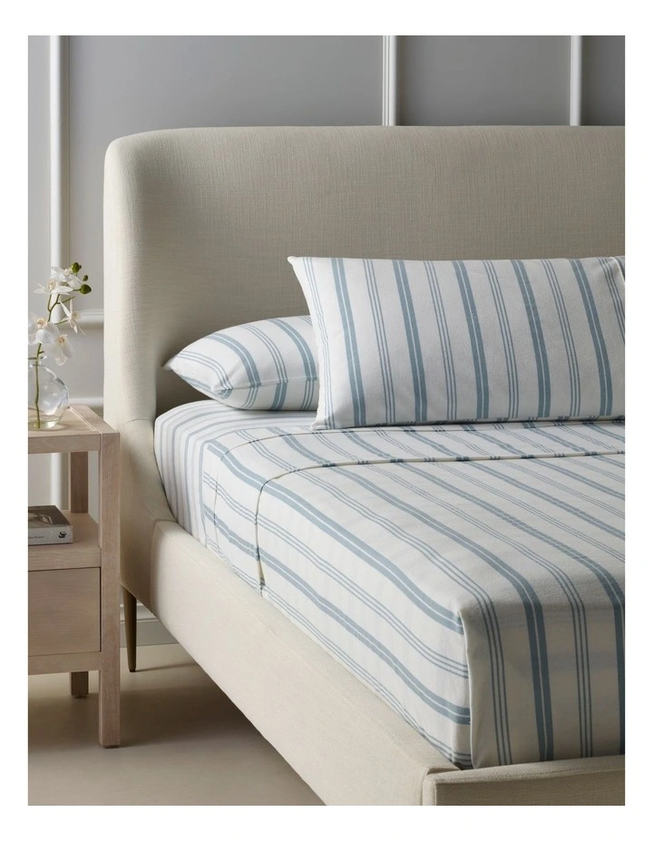 Printed Cotton Flannelette Sheet Set in Blue Stripe