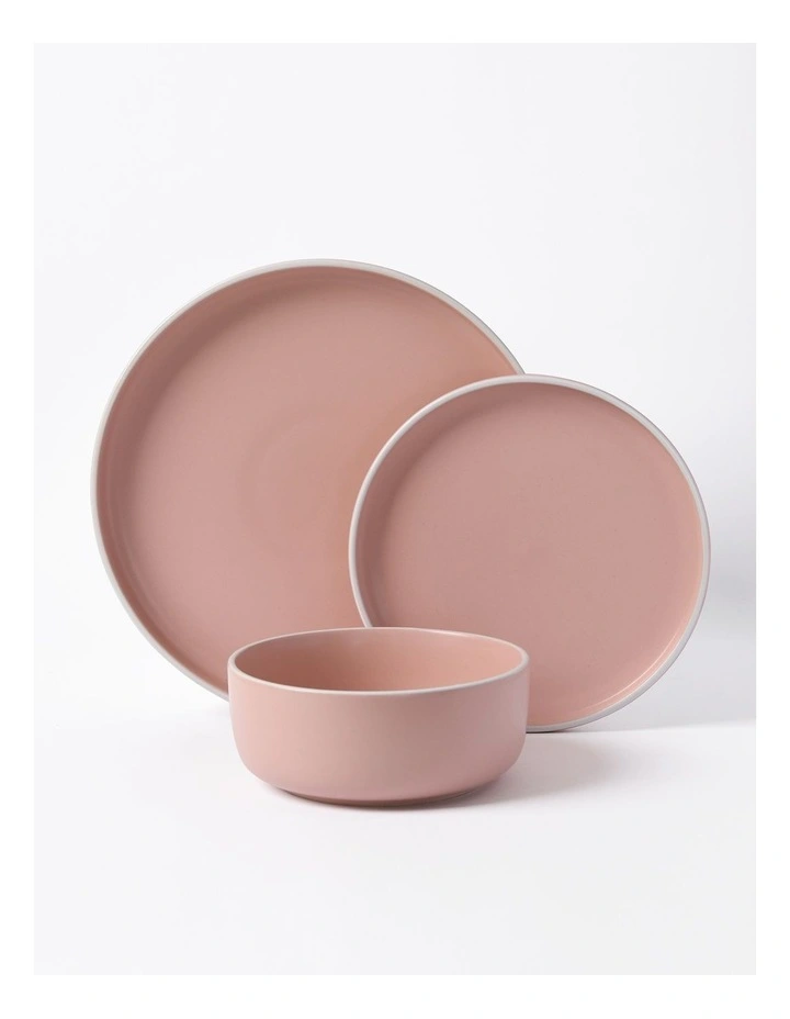 Muse 4 Person Dinner Set 12 Piece in Matte Glaze Pink Clay/White