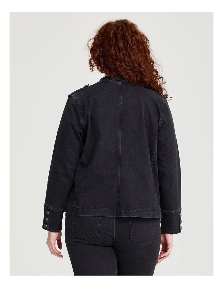 Military Style Denim Jacket in Washed Black