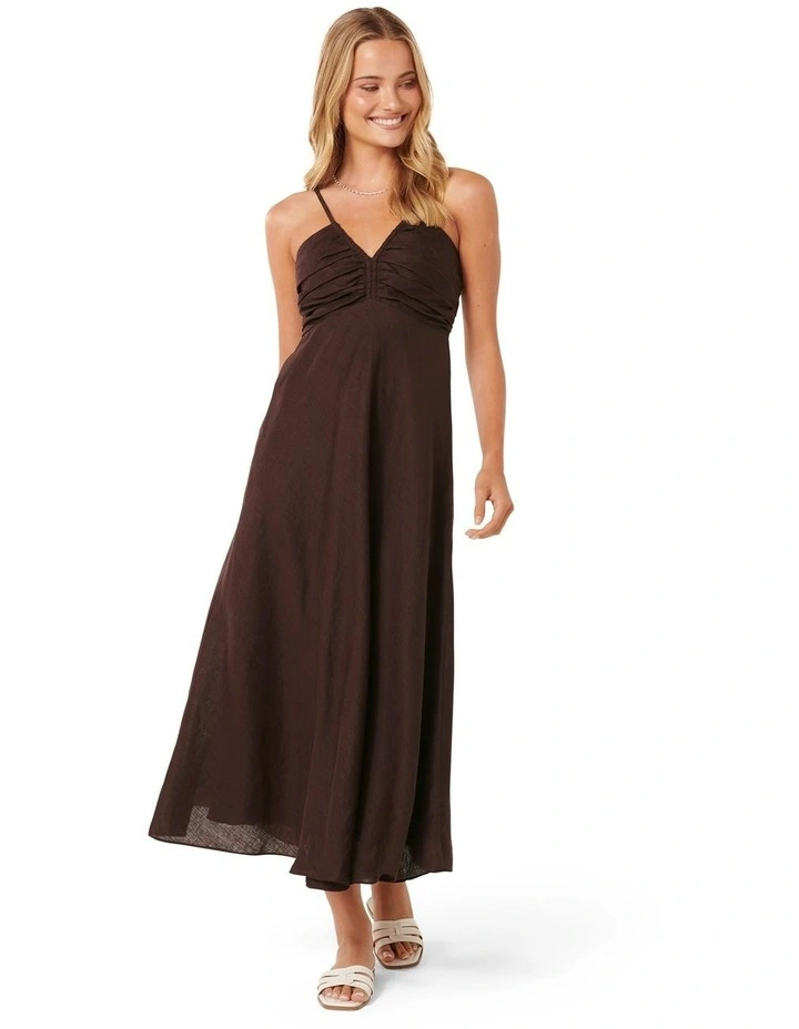 Ava Pleated Bodice Midi Dress in Brown