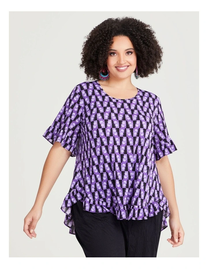 Ruffle Trim Print Top in Purple