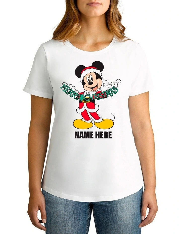 Women's Mickey Mouse Xmas Personalised Cotton T-Shirt