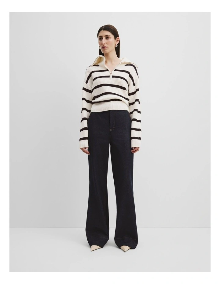 Organically Grown Cotton Blend Stripe Zip Neck Rib Knit in Navy Stripe