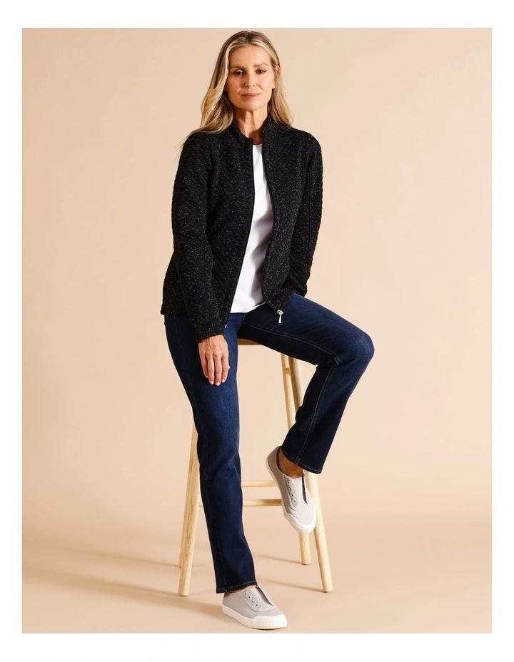 Recycled Polyester Blend Zip Thru Spot Jacquard Sweat Top in Black