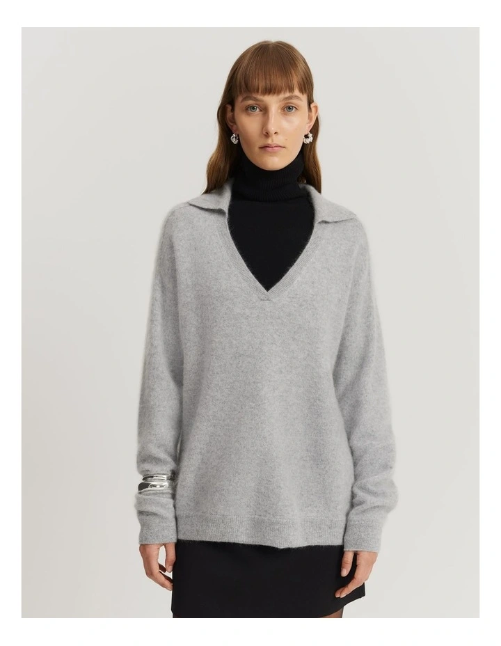 Gcs-certified Brushed Cashmere Polo in Light Grey Marle