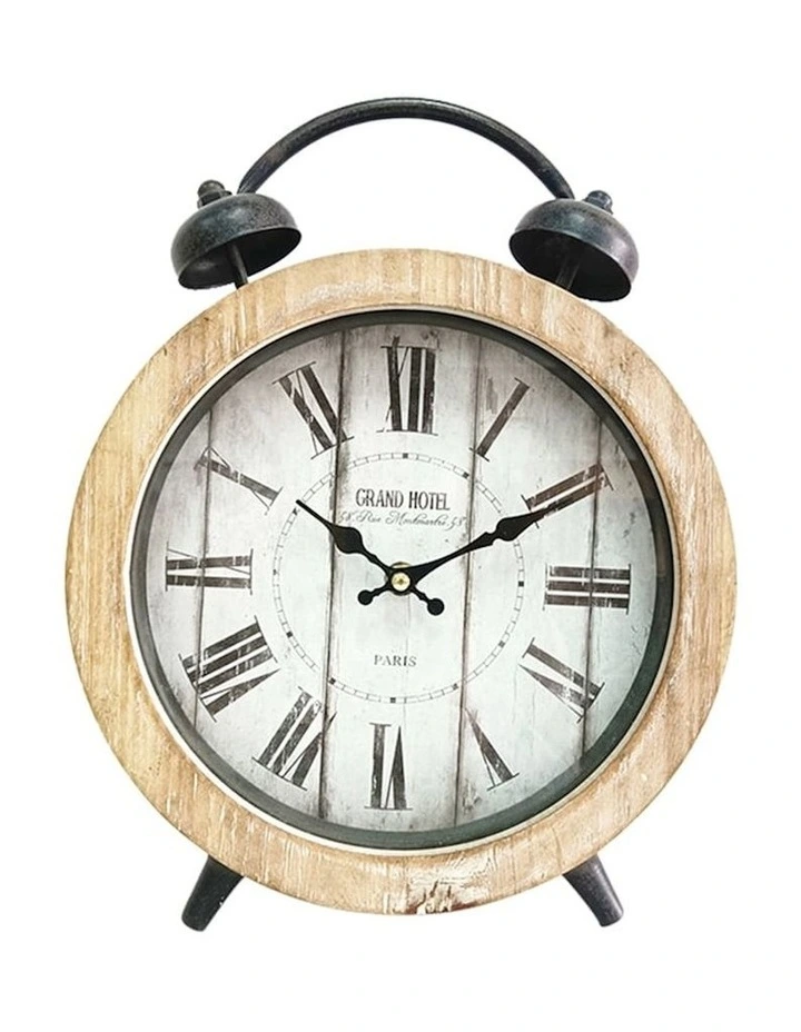 Rustic Table Clock With Faux Alarm in Natural/Distressed White