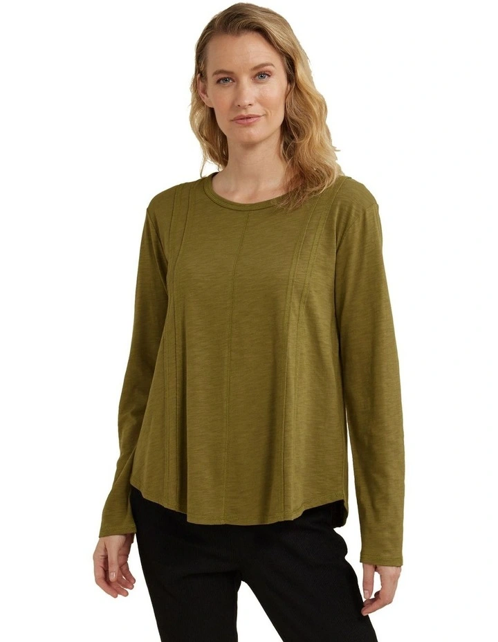 Long Sleeve Curved Panel Tee in Deep Sage