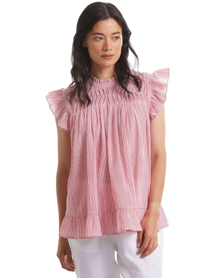 Smocked Pinstripe Top in Red Stripe