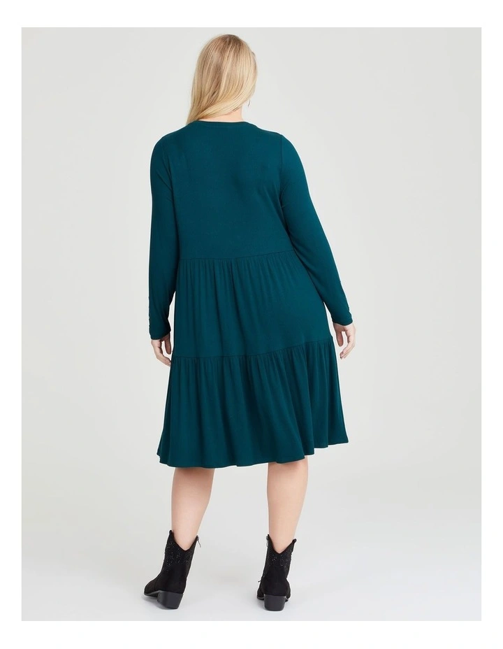Natural Mini Rib Tiered Dress in Evergreen