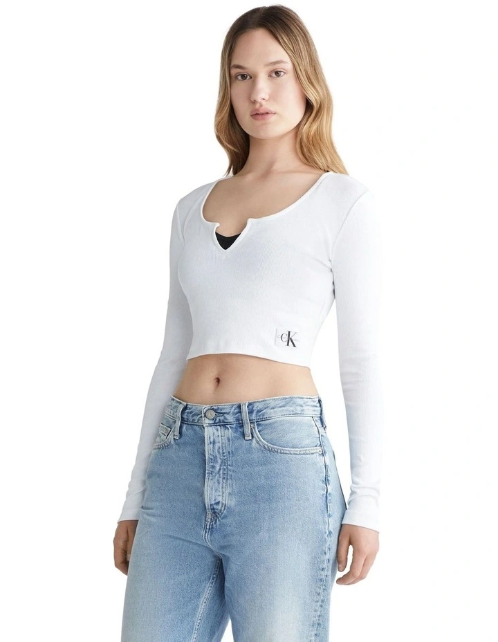 Split Collar Rib Long Sleeve in Bright White
