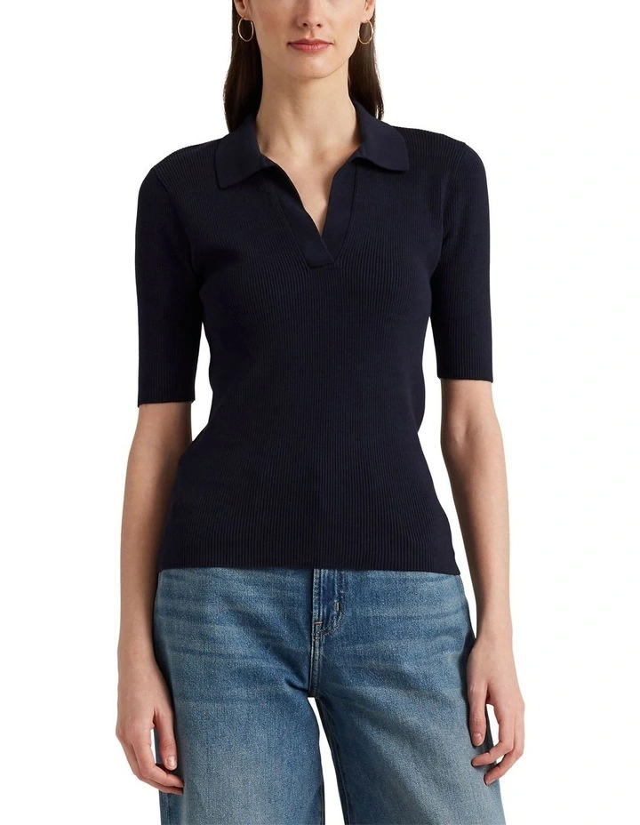 Rib-Knit Cotton-Blend Polo Sweater in Blue