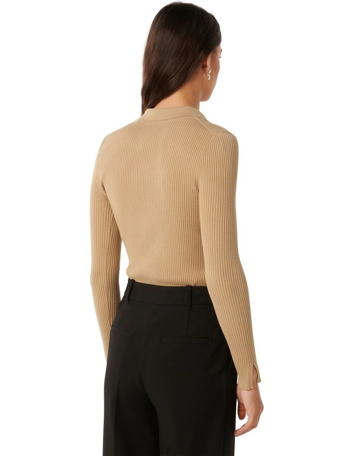 Marlowe Button Through Polo Knit Top in Brown