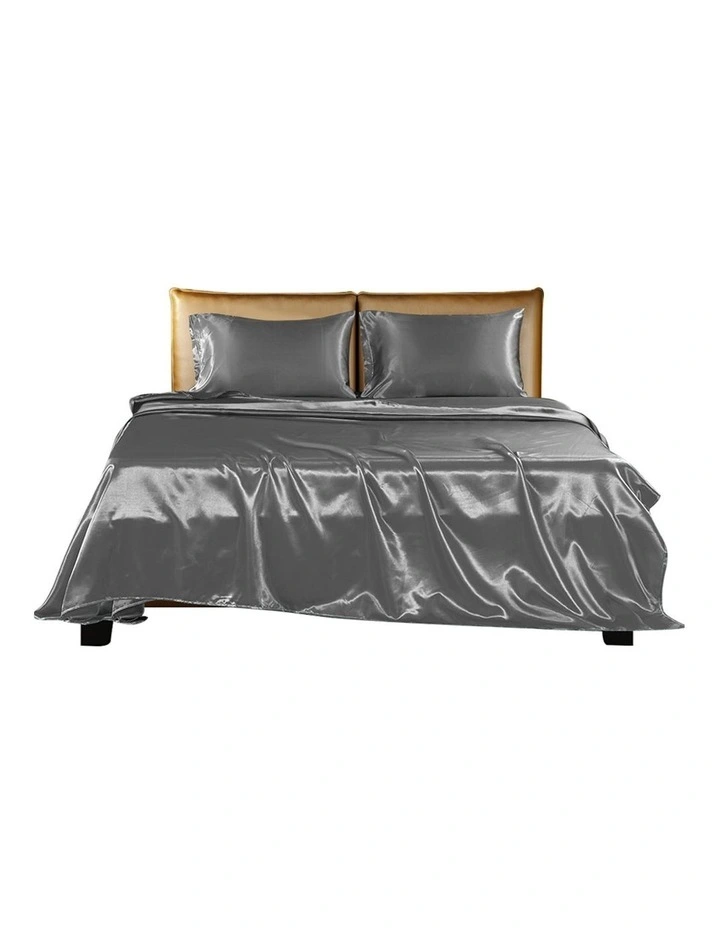 Silky Satin Fitted Flat Bed Sheet Pillowcases Single in Grey