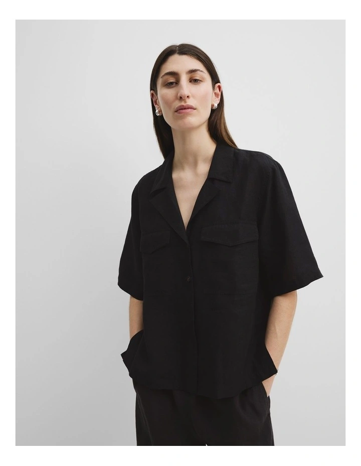 Organically Grown Linen Pocket Detail Shirt in Black