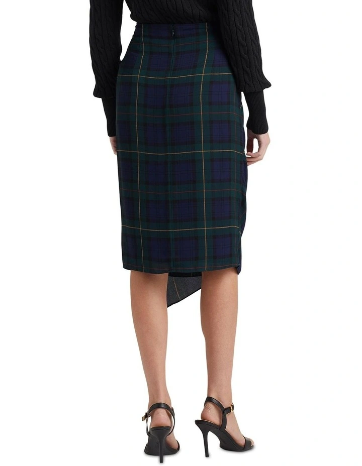 Plaid Buckle-Trim Georgette Skirt in Navy