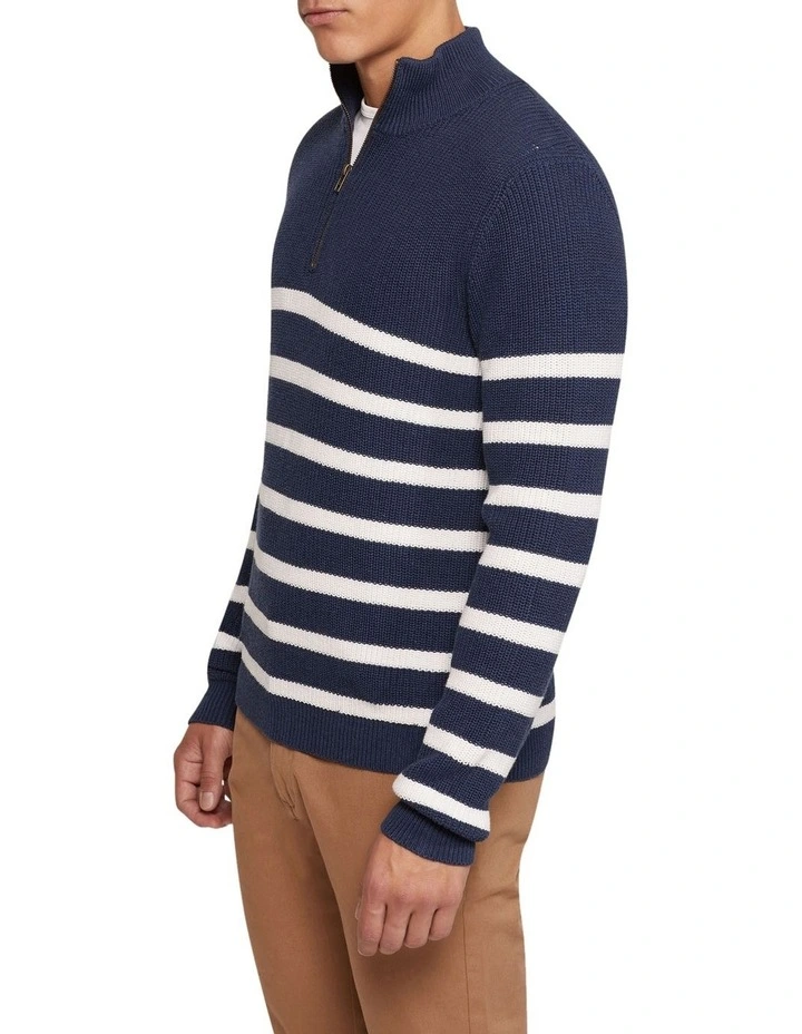 Jack Knitted Stripe Zip Up Sweater in Navy