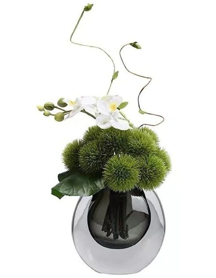 Chinese Green and Faux Orchid arrangement with Fake Water