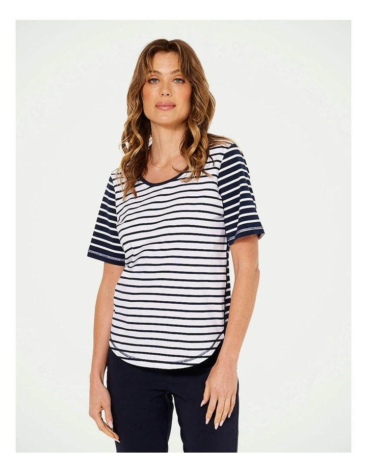 Riva Contrast Stripe Short Sleeves Top in Navy Multi