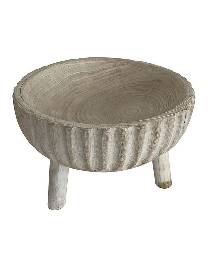 Wood Crafted 3-Legged Decorative Bowl in Whitewash