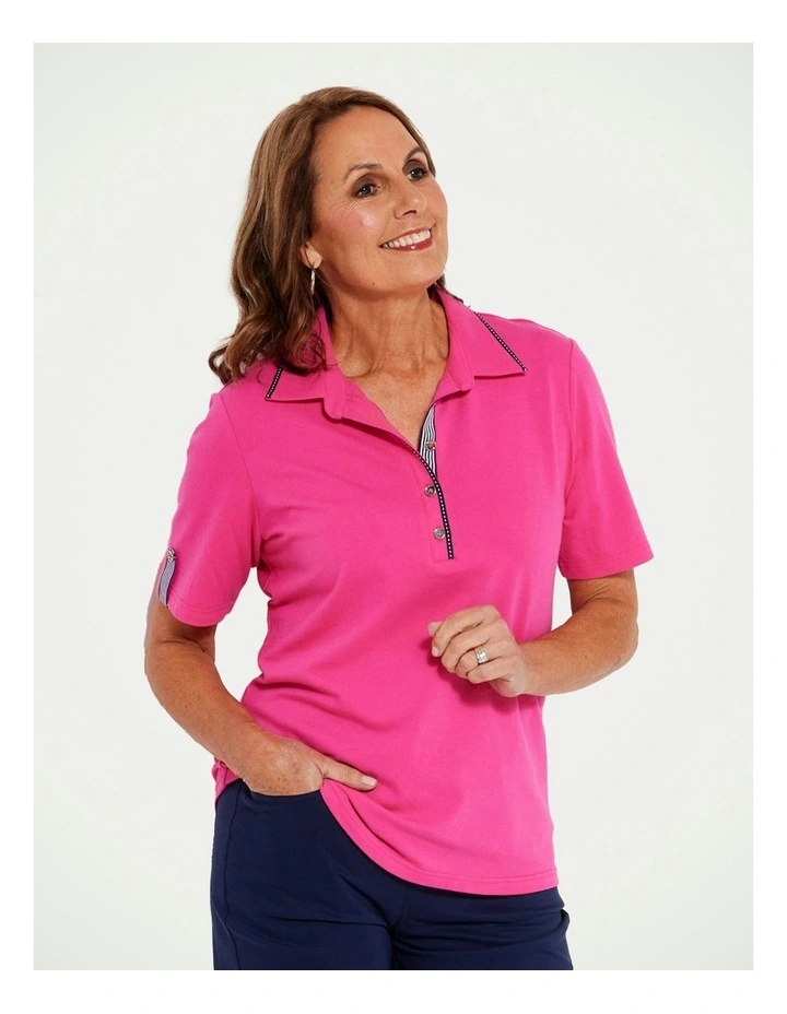 Fairway Contrast Trim Short Sleeves Polo in Hot Pink